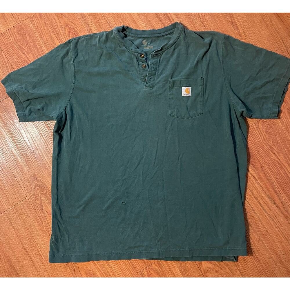 Men’s Carhartt Button Henley Tee 2XL Teal Faded Thrashed Grunge Workwear Utility
